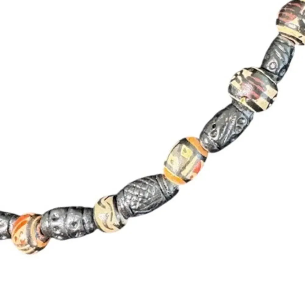 Vintage African Trade Bead Necklace Black Etched Tribal Glass Pattern Boho